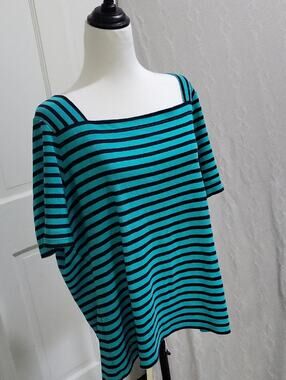 Talbots Teal & Black Striped Square-Neck Short Sleeve Top Sz 2X, Preppy